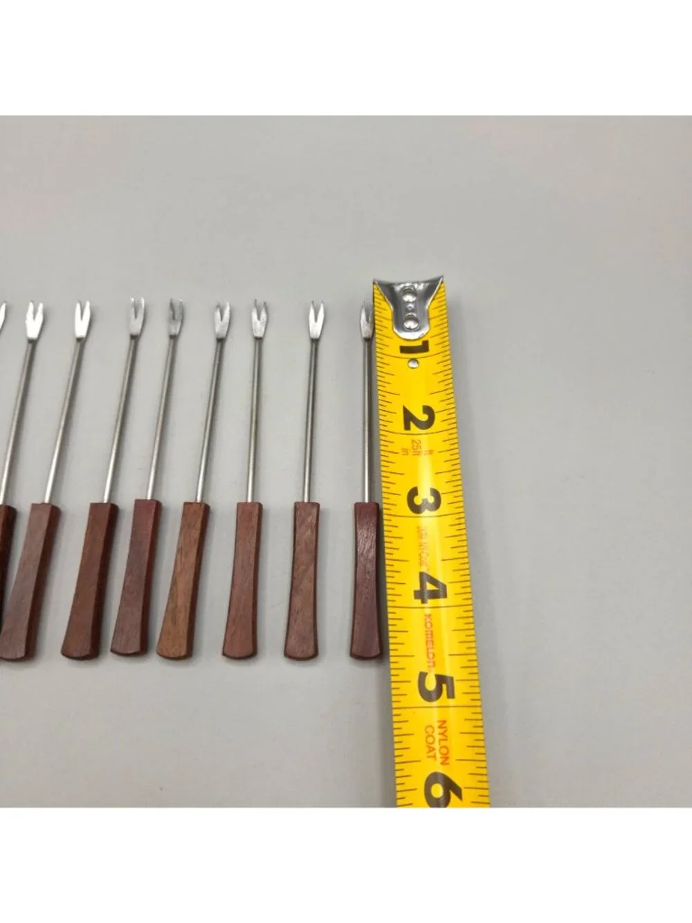 Vintage MCM Teak Wood Stainless Cocktail Pickle Cheese Forks Set of 12 Japan